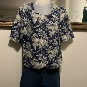 Floral Navy and White French Women's Top Sz 42 (large?)